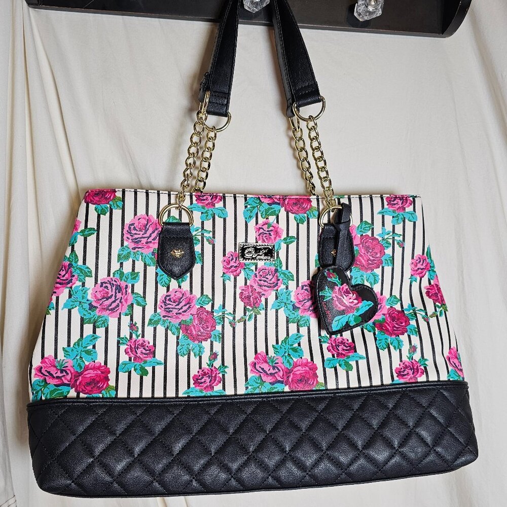 Betsey Johnson Floral Quilted Handbag with Gold Chain Straps